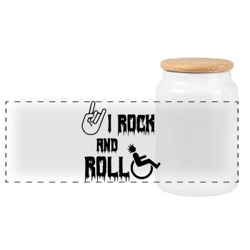 I rock and roll around in my wheelchair. Roller, music # - Panoramic Cookie Jar with Wooden Lid - white - Front