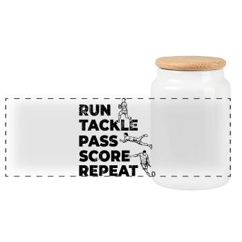 Run Tackle Pass Score Repeat - Panoramic Cookie Jar with Wooden Lid - white - Front