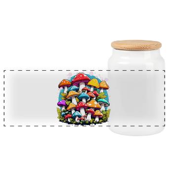 colorful mushrooms, mushrooms, fungi - Panoramic Cookie Jar with Wooden Lid - white - Front