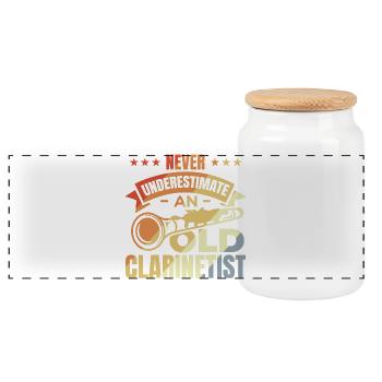Never underestimate old clarinetists - Panoramic Cookie Jar with Wooden Lid - white - Front