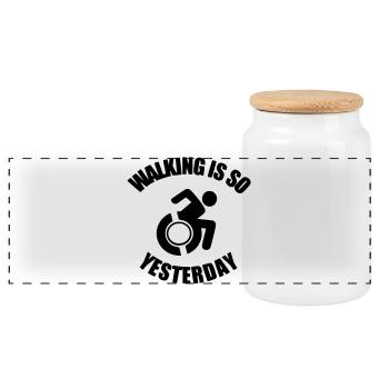 Walking is something from the past. I have a wheelchair ! - Panoramic Cookie Jar with Wooden Lid - white - Front