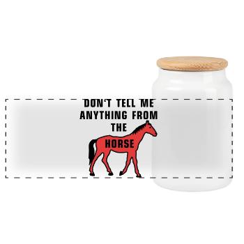 Don't tell me anything from the horse - Panoramic Cookie Jar with Wooden Lid - white - Front