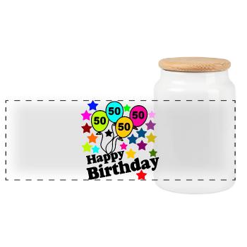 50.Birthday , 50 Years , Happy Birthday (25) - Panoramic Cookie Jar with Wooden Lid - white - Front