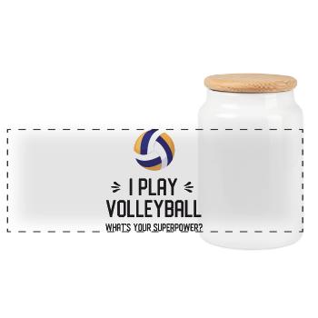 Je joue au volley-ball. Quel est votre superpouvoir ? - Boîte à biscuits avec couvercle en bois - blanc - Devant