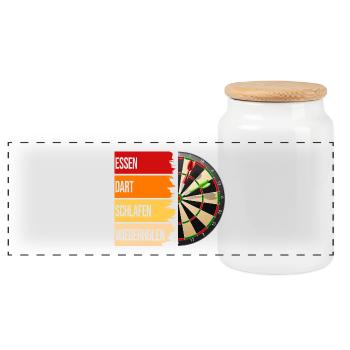 Essen, Dart, Schlafen, Wiederholen - Panorama Keksdose mit Holzdeckel - Weiß - Vorne