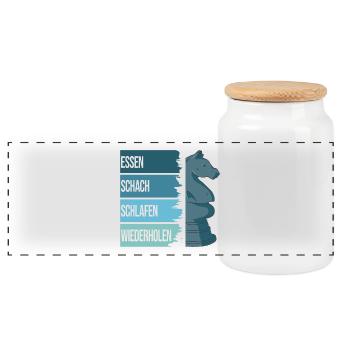 Essen, Schach, Schlafen, Wiederholen - Panorama Keksdose mit Holzdeckel - Weiß - Vorne