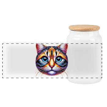 Cat - Panoramic Cookie Jar with Wooden Lid - white - Front