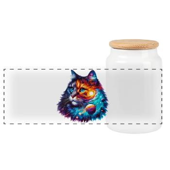 Cat - Panoramic Cookie Jar with Wooden Lid - white - Front