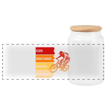 Essen, Mountainbike, Schlafen, Wiederholen - Panorama Keksdose mit Holzdeckel - Weiß - Vorne