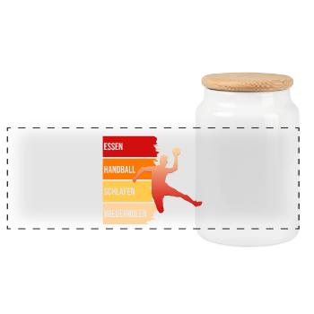 Essen, Handball, Schlafen, Wiederholen - Panorama Keksdose mit Holzdeckel - Weiß - Vorne