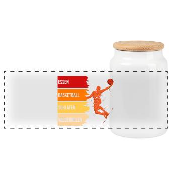 Essen, Basketball, Schlafen, Wiederholen, - Panorama Keksdose mit Holzdeckel - Weiß - Vorne