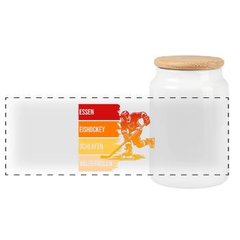 Essen, Eishockey, Schlafen, Wiederholen - Panorama Keksdose mit Holzdeckel - Weiß - Vorne
