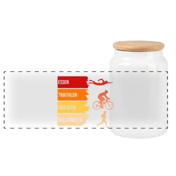 Essen, Triathlon, Schlafen, Wiederholen - Panorama Keksdose mit Holzdeckel - Weiß - Vorne