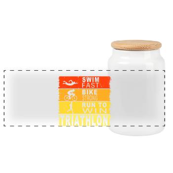 Swim fast - Bike strong - Run to win - Panorama Keksdose mit Holzdeckel - Weiß - Vorne