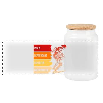 Essen, Skateboard, Schlafen, Wiederholen - Panorama Keksdose mit Holzdeckel - Weiß - Vorne