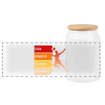 Essen, Badminton, Schlafen, Wiederholen - Panorama Keksdose mit Holzdeckel - Weiß - Vorne