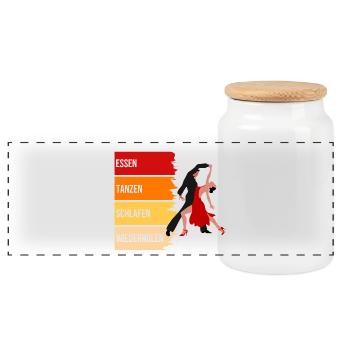 Essen, Tanzen, Schlafen, Wiederholen - Panorama Keksdose mit Holzdeckel - Weiß - Vorne
