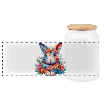 Rabbit decorated with flowers - Panoramic Cookie Jar with Wooden Lid - white - Front