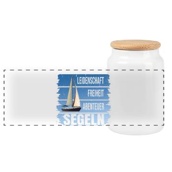Leidenschaft - Freiheit - Abenteuer - Segeln - Panorama Keksdose mit Holzdeckel - Weiß - Vorne