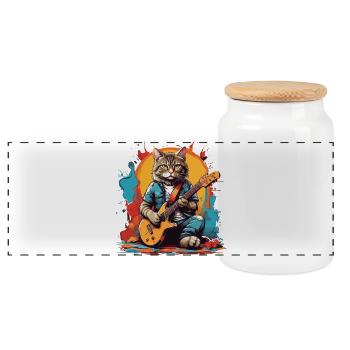 Chat avec guitare - Boîte à biscuits avec couvercle en bois - blanc - Devant