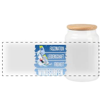 Faszination - Leidenschaft - Freiheit - Windsurfen - Panorama Keksdose mit Holzdeckel - Weiß - Vorne