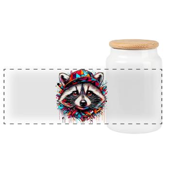 Raccoon with hat cap rap hat - Panoramic Cookie Jar with Wooden Lid - white - Front