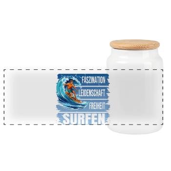Faszination - Leidenschaft - Freiheit - Surfen - Panorama Keksdose mit Holzdeckel - Weiß - Vorne