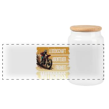 Leidenschaft - Abenteuer - Freiheit - Motocross - Panorama Keksdose mit Holzdeckel - Weiß - Vorne