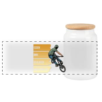Essen - BMX - Schlafen - Wiederholen - Panorama Keksdose mit Holzdeckel - Weiß - Vorne