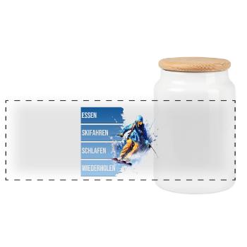Essen - Skifahren - Schlafen - Wiederholen - Panorama Keksdose mit Holzdeckel - Weiß - Vorne