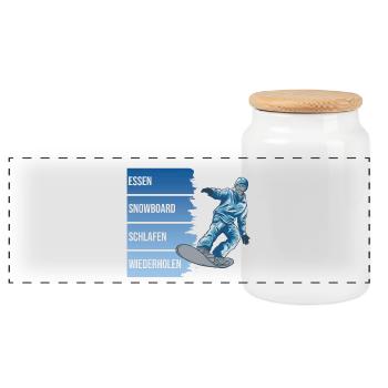 Essen - Snowboard - Schlafen - Wiederholen - Panorama Keksdose mit Holzdeckel - Weiß - Vorne