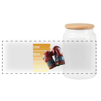 Essen - Boxen - Schlafen - Wiederholen - Panorama Keksdose mit Holzdeckel - Weiß - Vorne
