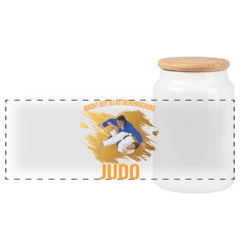 Macht der Selbstbeherrschung - Judo - Panorama Keksdose mit Holzdeckel - Weiß - Vorne