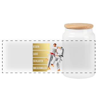 Essen - Judo - Schlafen - Wiederholen - Panorama Keksdose mit Holzdeckel - Weiß - Vorne