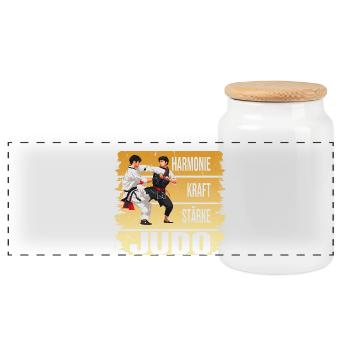 Harmonie - Kraft - Stärke - Judo - Panorama Keksdose mit Holzdeckel - Weiß - Vorne
