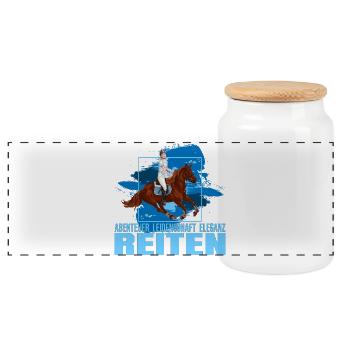 Abenteuer - Leidenschaft - Eleganz - Reiten - Panorama Keksdose mit Holzdeckel - Weiß - Vorne