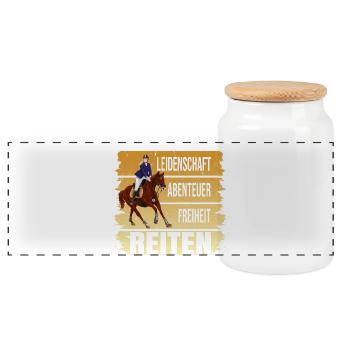 Leidenschaft - Abenteuer - Freiheit - Reiten - Panorama Keksdose mit Holzdeckel - Weiß - Vorne