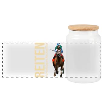 Reiten ist die Verbindung von Mensch und Natur - Panorama Keksdose mit Holzdeckel - Weiß - Vorne
