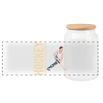 Hockey ist unser Leben,das Feld unsere Bühne - Panorama Keksdose mit Holzdeckel - Weiß - Vorne