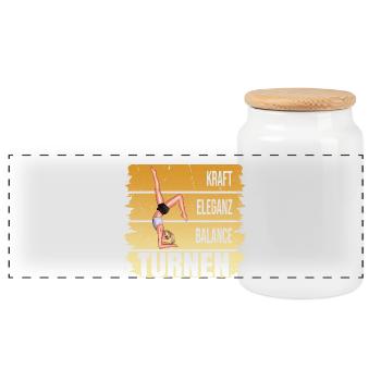 Turnen - Kraft - Eleganz - Balance - Panorama Keksdose mit Holzdeckel - Weiß - Vorne
