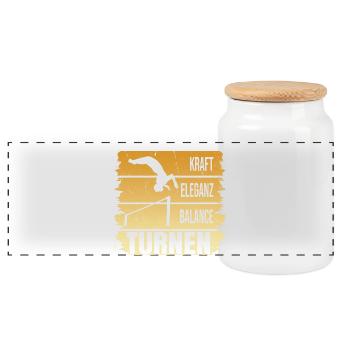 Turnen - Kraft - Eleganz - Balance - Panorama Keksdose mit Holzdeckel - Weiß - Vorne