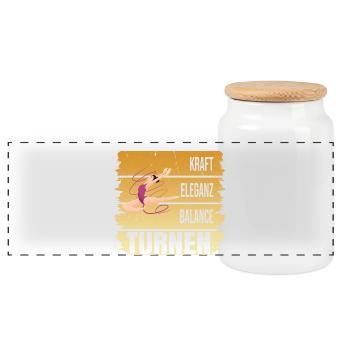 Turnen - Kraft - Eleganz - Balance - Panorama Keksdose mit Holzdeckel - Weiß - Vorne