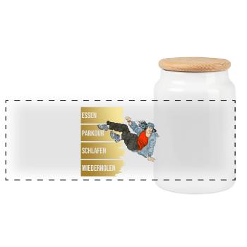 Essen - Parkour - Schlafen - Wiederholen - Panorama Keksdose mit Holzdeckel - Weiß - Vorne