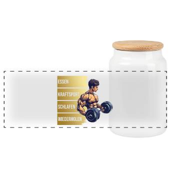 Essen - Kraftsport - Schlafen - Wiederholen - Panorama Keksdose mit Holzdeckel - Weiß - Vorne