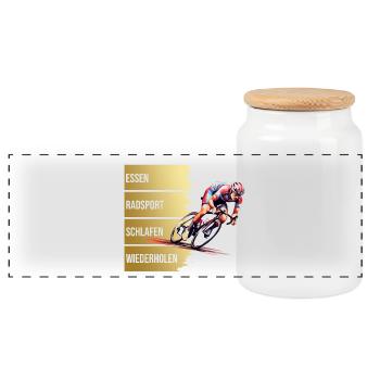 Essen - Radsport - Schlafen - Wiederholen - Panorama Keksdose mit Holzdeckel - Weiß - Vorne