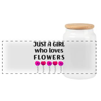 Just a girl who loves flowers - Panoramic Cookie Jar with Wooden Lid - white - Front