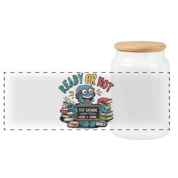 First day of school for small robots - Panoramic Cookie Jar with Wooden Lid - white - Front