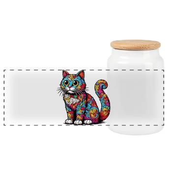 Cat - Panoramic Cookie Jar with Wooden Lid - white - Front