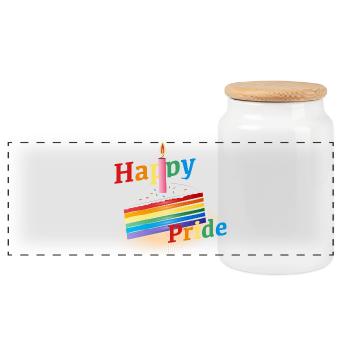 Ein Stück Regenbogen Kuchen mit Geburtstagskerze - Panorama Keksdose mit Holzdeckel - Weiß - Vorne