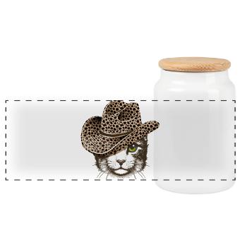 Portrait d’un chat avec un chapeau à l’aspect léopard - Boîte à biscuits avec couvercle en bois - blanc - Devant